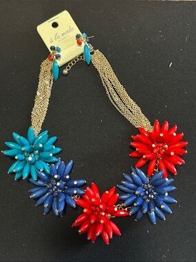 Multicolor Floral Statement Necklace & Earrings - Blue, Red, Turquoise